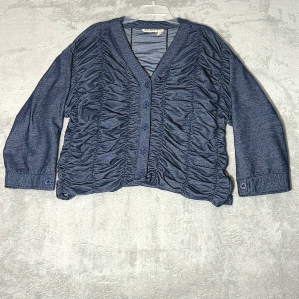 Gold‎ Flava Womens Plus Size 24 Denim Blue Ruched Cardigan Jacket Cropped